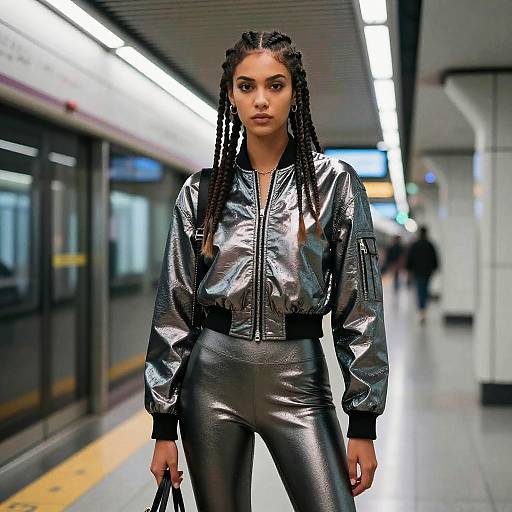 Photograph of a confident Black woman with braided hair, wearing a silver metallic bomber jacket and matching high-waisted pants, standing in a modern