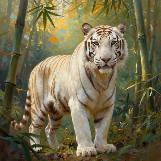 Digital painting of a white tiger standing in a dense bamboo forest, sunlight filtering through leaves, intense gaze, detailed fur texture, vibrant colors.