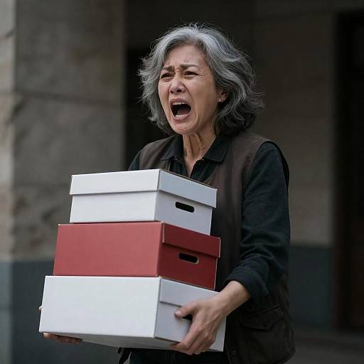 Wild-Haired Woman Yelling with Boxes