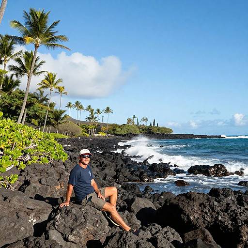 Photograph of a man in a navy shirt and khaki shorts, sitting on black volcanic rocks, tropical beach with palm trees and ocean waves in the