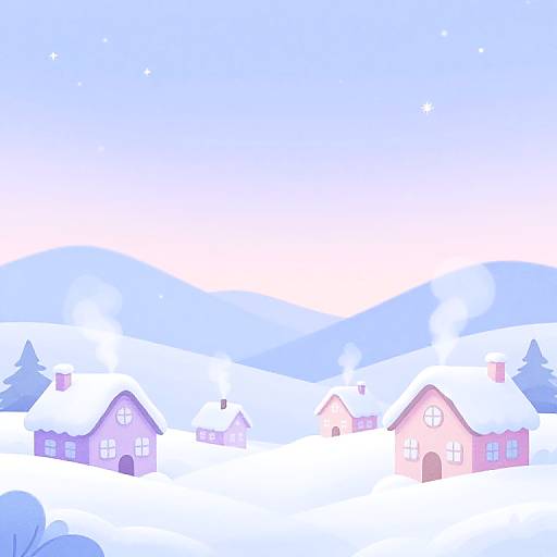 Digital illustration of a snowy village with pastel-colored houses, purple and pink, under a starry blue sky with gentle hills.