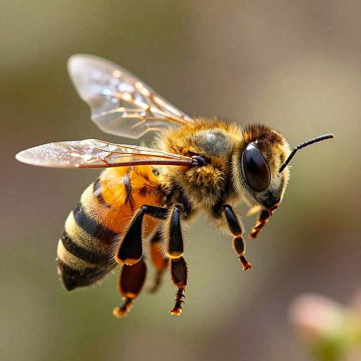 Close-up photograph of a vibrant honeybee in mid-flight, showcasing detailed textures of its fuzzy body, black and yellow stripes, translucent wings, and large