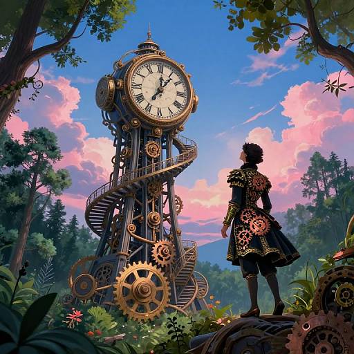 Digital illustration: Silhouetted steampunk figure with intricate gear-patterned clothes gazes at towering, clock-tower-like mechanical structure with spiral