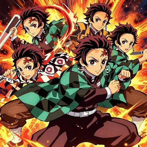 Digital anime illustration of six male characters with spiky black hair, wearing green and black checkered jackets, surrounded by fiery explosion.