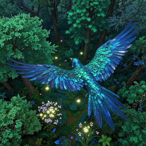 Digital art of a luminous blue phoenix with iridescent feathers soaring through a dense, dark forest, surrounded by glowing fireflies and small white flowers