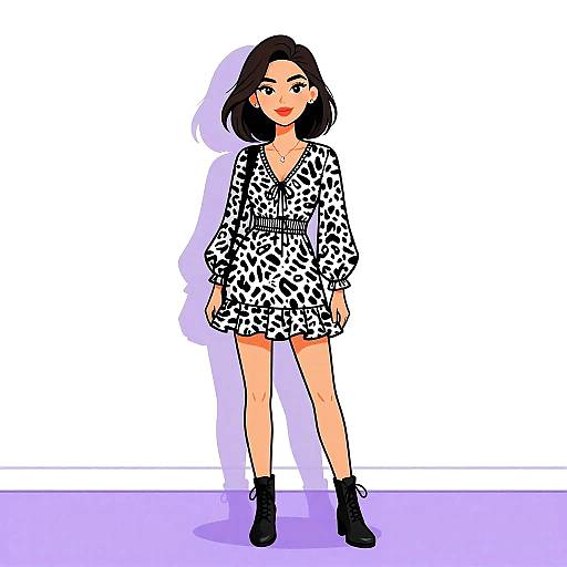 Digital illustration of a stylish woman with short black hair, wearing a black-and-white patterned dress and black ankle boots, standing against a white and purple