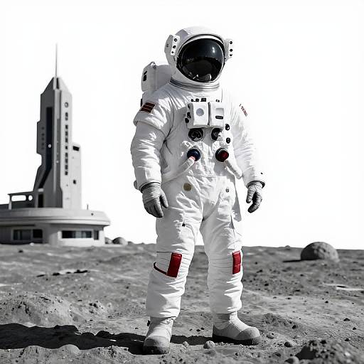 Photograph of a lone astronaut in a white spacesuit with a black helmet, standing on a rocky lunar surface, with a futuristic spacecraft in the background