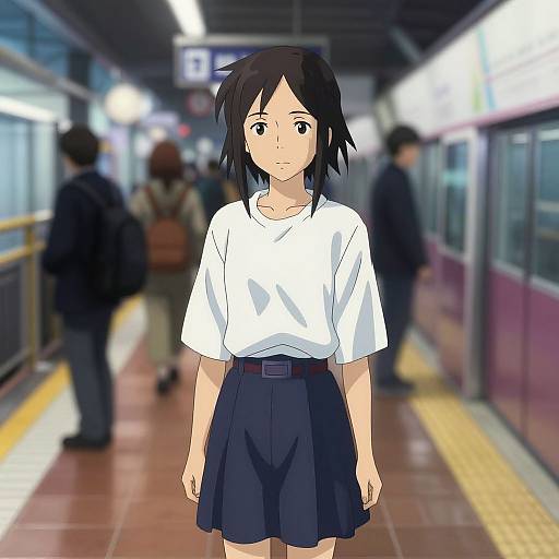 Anime-style digital drawing of a shy, black-haired girl in a white shirt and navy skirt standing on a busy subway platform. Blurred background shows other