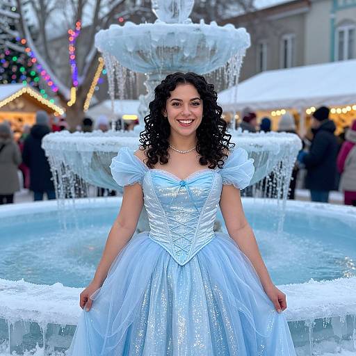 Photograph of a smiling woman with curly black hair in a blue, ice-embellished ball gown, standing in front of a frozen fountain at
