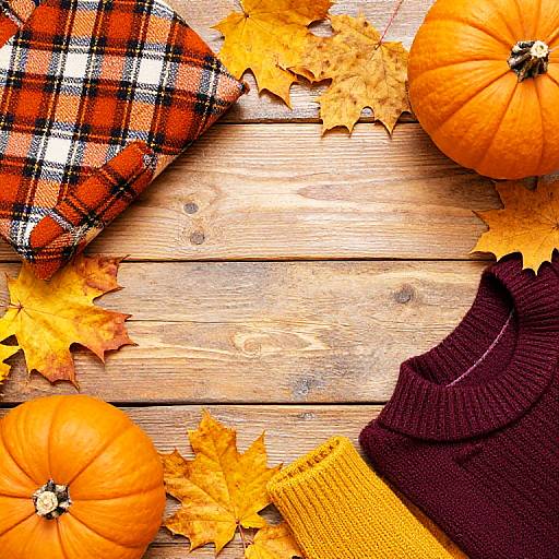 Autumn-themed photograph: orange pumpkins, plaid scarf, dark purple and yellow knit scarf, yellow-orange leaves on wooden planks. Cozy