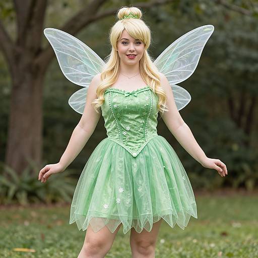 Photograph of a blonde woman in a green fairy costume with transparent wings, green dress, and hair bun, standing in a forest.