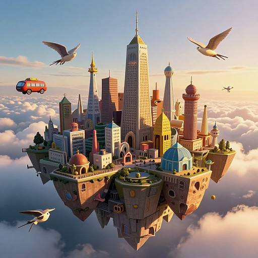 Surreal Floating City with Fantastical Creatures