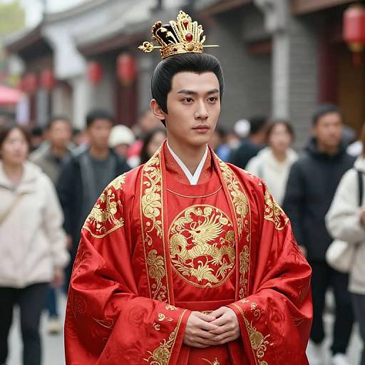 Photograph of an Asian man with black hair, wearing a red, gold-embroidered traditional Chinese robe and gold crown, standing in a bustling