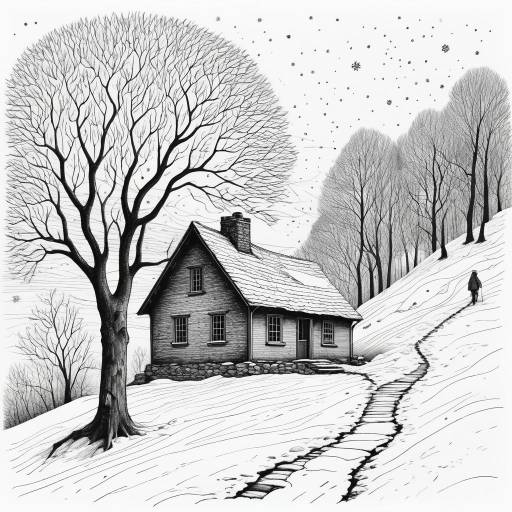 Intricate Winter Scene Ink Drawing