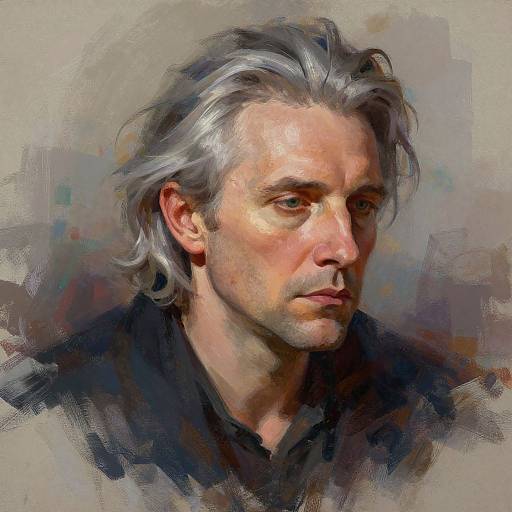 Digital painting of a middle-aged man with silver-gray hair, piercing eyes, and a serious expression, wearing a black shirt, against a textured, abstract