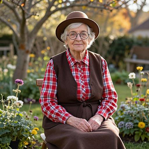 Elderly Woman in Sunlit Garden
