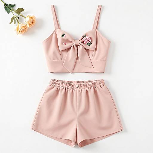 Pink Rose Applique Bow Tie Top and Shorts Set