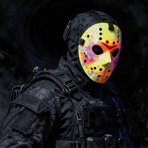Photograph of a person in dark tactical gear wearing a vivid, colorful Jason Voorhees mask with black holes, set against a dark, swirling background