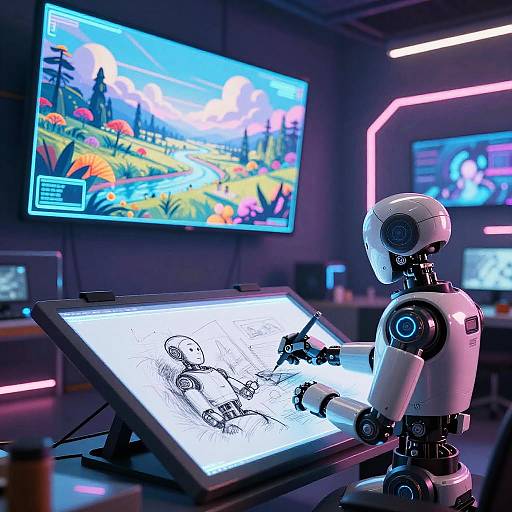 Photograph of a futuristic robotic artist drawing on a glowing tablet, with vibrant digital landscape on a large screen in the background.