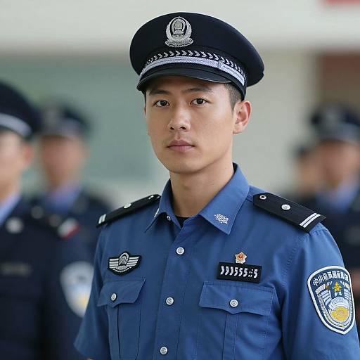 Photograph of an Asian male police officer in a blue uniform with badges, black cap, and serious expression, standing in front of blurred fellow officers.