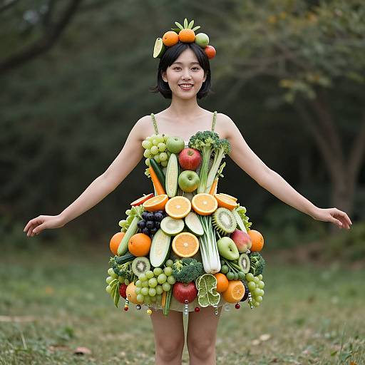 Photograph of an Asian woman with short black hair, smiling, wearing a dress made entirely of various fresh fruits and vegetables, standing in a green,