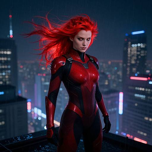 Digital artwork of a fierce red-haired woman in a red and black armored suit, standing on a rainy city rooftop at night, with neon-lit skys