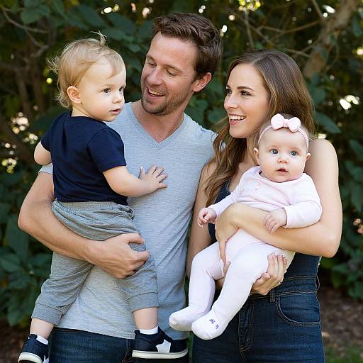 Photograph of a smiling white family with a brown-haired father, brown-haired mother, blonde toddler in black shirt and gray shorts, and baby in white