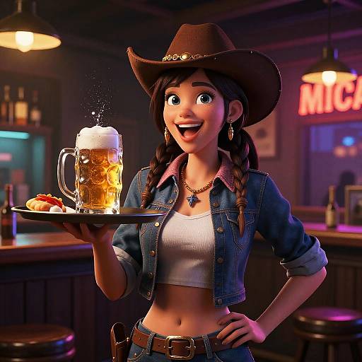 CGI image of a smiling, braided-haired, brown-skinned cowgirl in a denim jacket and hat, holding a frothy beer mug and