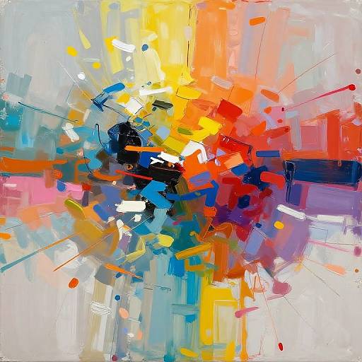 Abstract painting with vibrant splashes of yellow, red, blue, and orange on a white background, featuring dynamic brushstrokes and textured layers.