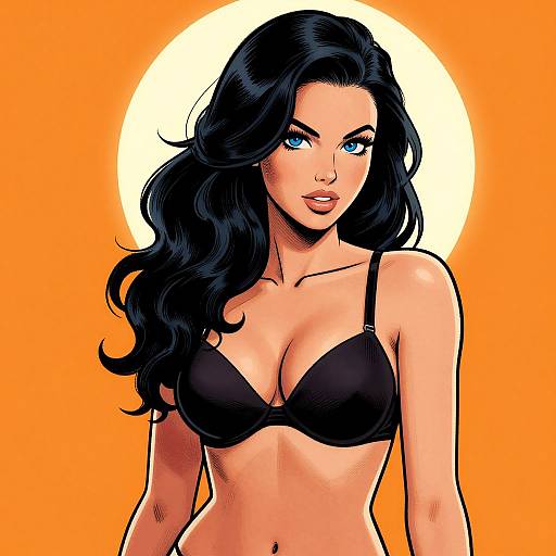 Digital comic-style illustration of a blue-eyed, black-haired woman with long wavy hair, wearing a black bra, against an orange background with a white