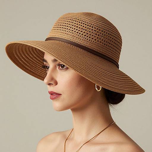 Photograph of a woman with light skin, dark hair in a bun, wearing a large, woven straw hat, gold hoop earrings, and red lipstick