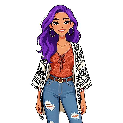 Digital illustration of a smiling woman with long purple hair, wearing a red lace top, blue ripped jeans, and a black patterned cardigan. She