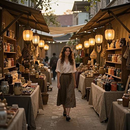 Photograph of a young woman with wavy brown hair, wearing a white blouse and brown patterned skirt, walking down a warmly lit, cobble