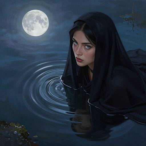 Digital painting: Dark-haired woman with striking blue eyes, partially submerged in moonlit water, ripples surrounding her, full moon glowing above.
