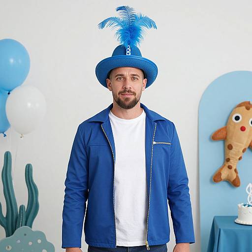 Photograph of a bearded man with a blue feathered hat, blue jacket, white shirt, standing in a whimsical blue-themed room.