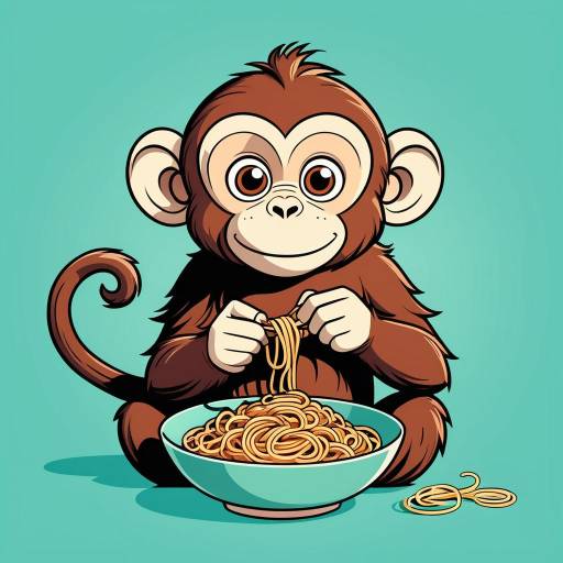 Cartoon Monkey Enjoying Spaghetti Delight