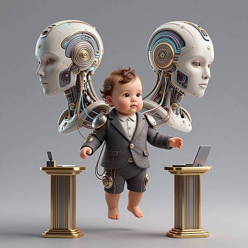 Digital artwork of a baby in a black suit with robotic human heads as wings, standing between two gold pedestals with laptops.