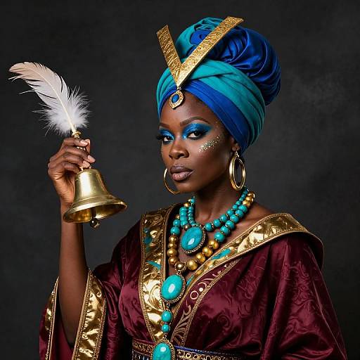 Photograph of a regal Black woman with blue headwrap, gold headpiece, turquoise jewelry, holding a golden bell with white feather.