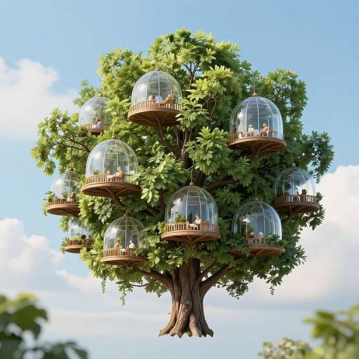 Photorealistic CGI of a lush green tree with eight glass-domed birdhouses, each containing small wooden birdhouses, set against a bright blue sky