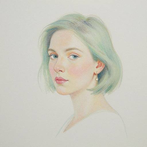 Digital watercolor portrait of a fair-skinned woman with short, light green hair, blue eyes, and pink lips, looking to the side. White