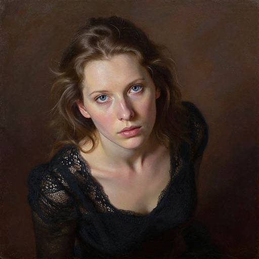 Photorealistic digital portrait of a fair-skinned, blue-eyed woman with wavy brown hair, wearing a black lace top, against a dark brown