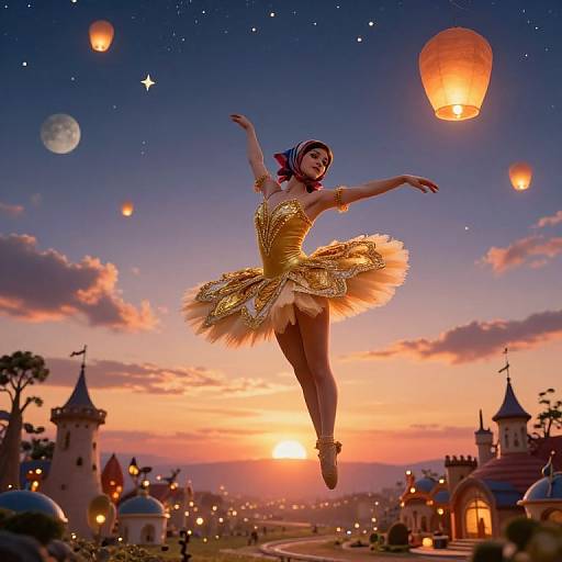 Digital art of a ballet dancer in a golden tutu, mid-leap, surrounded by floating lanterns, a sunset sky, and fairy-tale