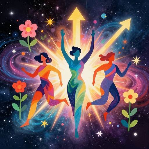 Vibrant digital illustration of three colorful, silhouetted dancers with raised arms, surrounded by radiant stars, flowers, and cosmic swirls,