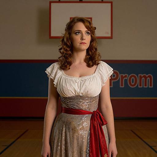 Photograph of a fair-skinned woman with curly brown hair, wearing a white ruffled blouse and shimmering silver skirt with a red sash,