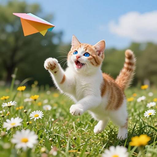 Photograph of a playful orange-and-white kitten with bright blue eyes chasing a colorful paper airplane in a sunny meadow filled with daisies.