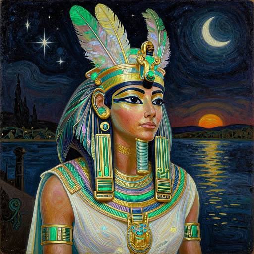 Digital painting of an ancient Egyptian woman with turquoise and gold headdress, jewelry, and white dress, under a moonlit night sky.