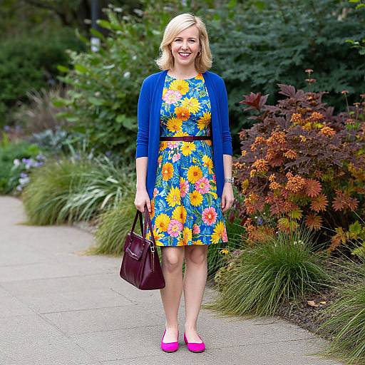 Blonde Woman in Vibrant Floral Dress