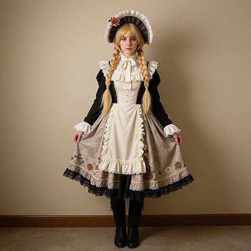 Photograph of a blonde woman in an elaborate Victorian-style black and white maid outfit with lace, braided hair, and a frilled hat, standing