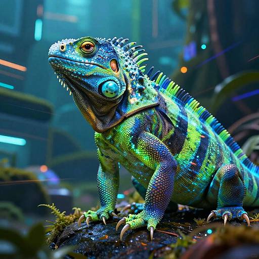 Neon Cyberpunk Iguana in Urban Jungle