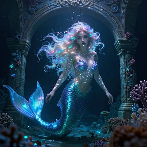 Digital artwork of a glowing, mermaid with iridescent hair and scales, framed by an ancient, underwater archway, surrounded by biolumines